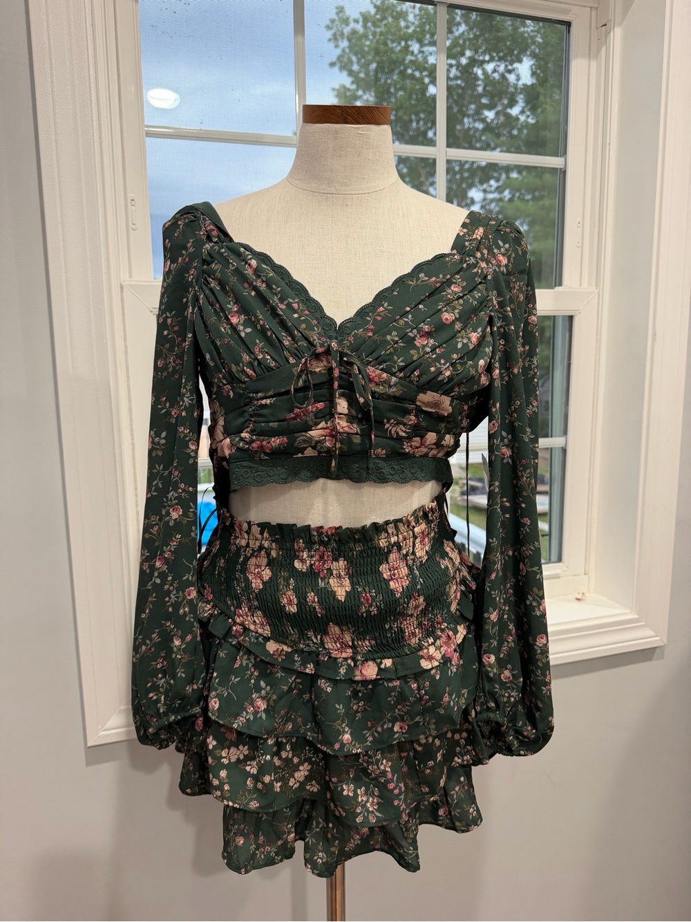 Hunter Dark Green Floral Two-Piece Set with Pink Roses